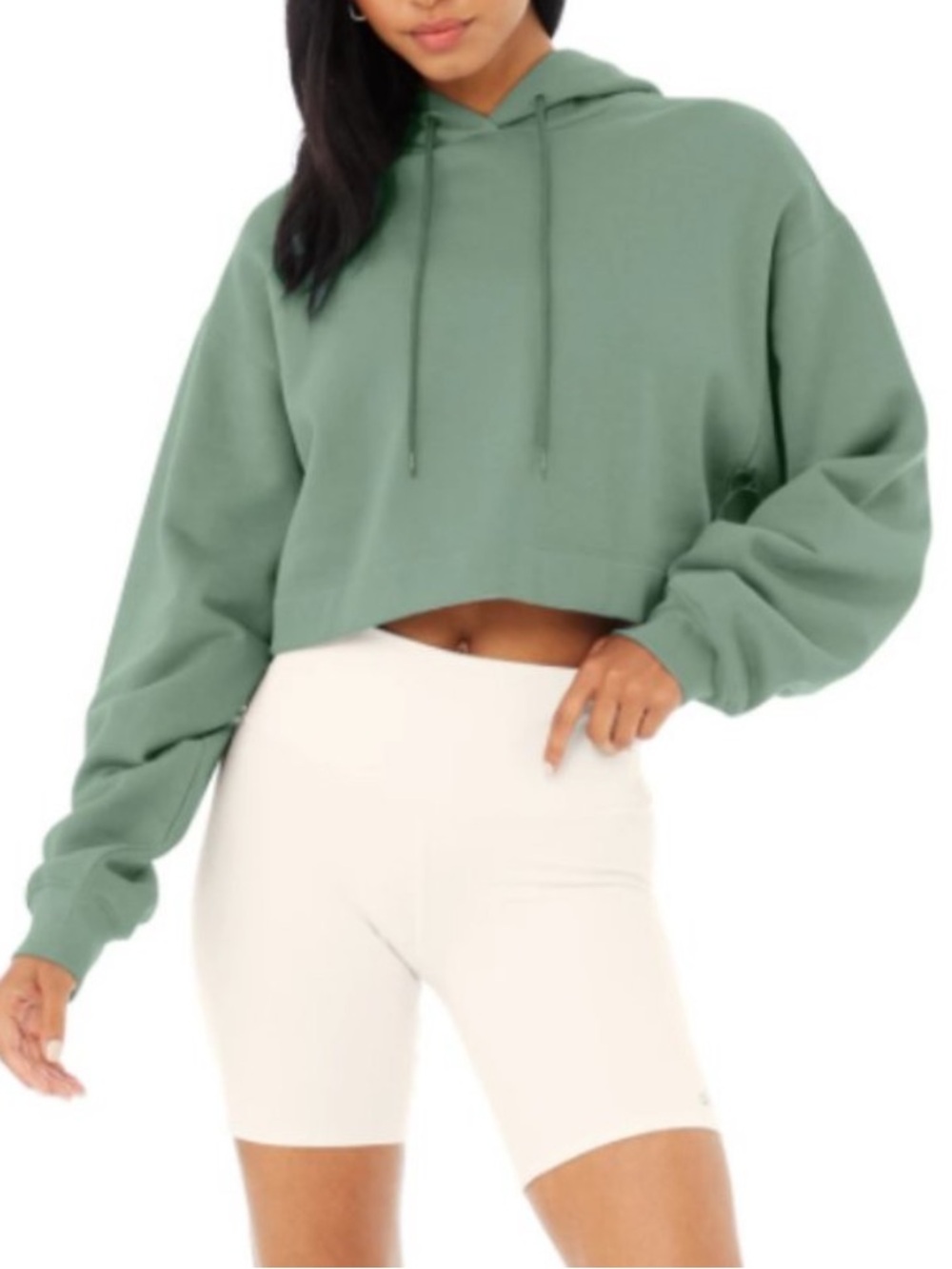 Alo Bae Hoodie In Soft Seagrass Green Cropped Hooded Sweatshirt Medium